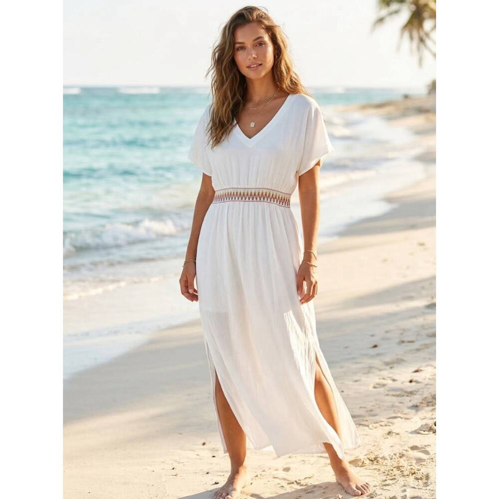 BMJL White Maxi Dress Cover Up XL NWT Boho Embroidered V Neck Summer Beach Slit